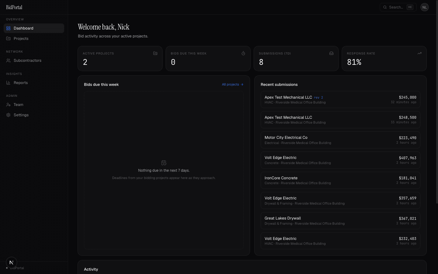 BidPortal dashboard with live submissions and response rate
