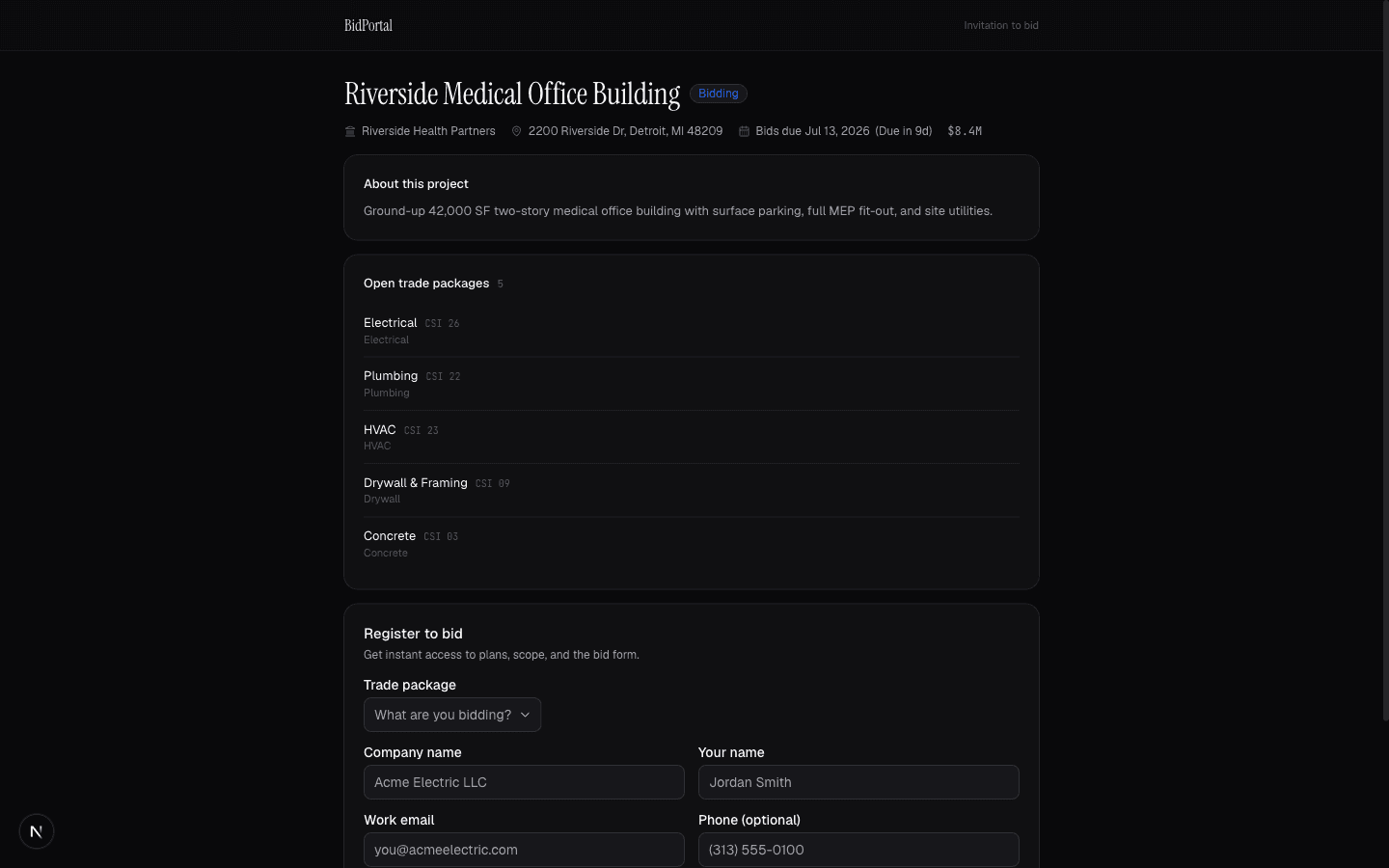 Public job posting page with register-to-bid form